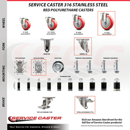 Service Caster 5 Inch 316SS Red Polyurethane Swivel Top Plate Caster with Total Lock Brake SCC-SS316TTL20S514-PPUB-RED